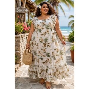 Ky's Hawaii Wedding Tropical Floral Ruffle Sleeve Ivory Green 3XL Maxi Dress